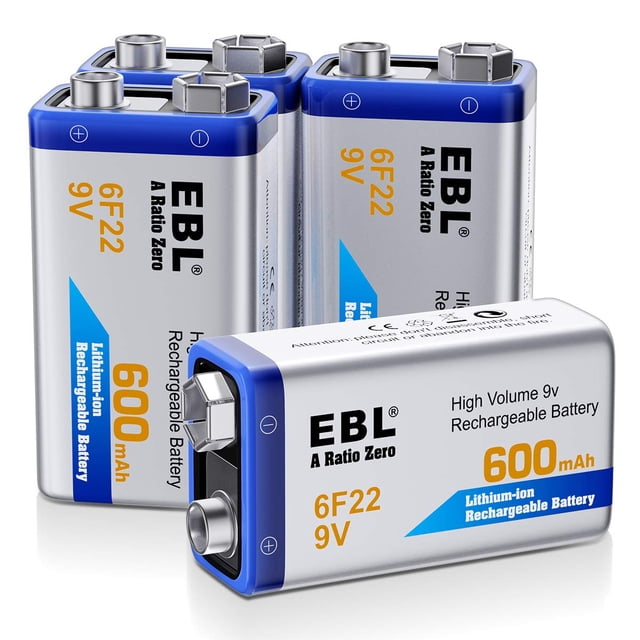 Baterías recargables EBL de iones de litio de 9 V, 600 mAh (paquete de 4)