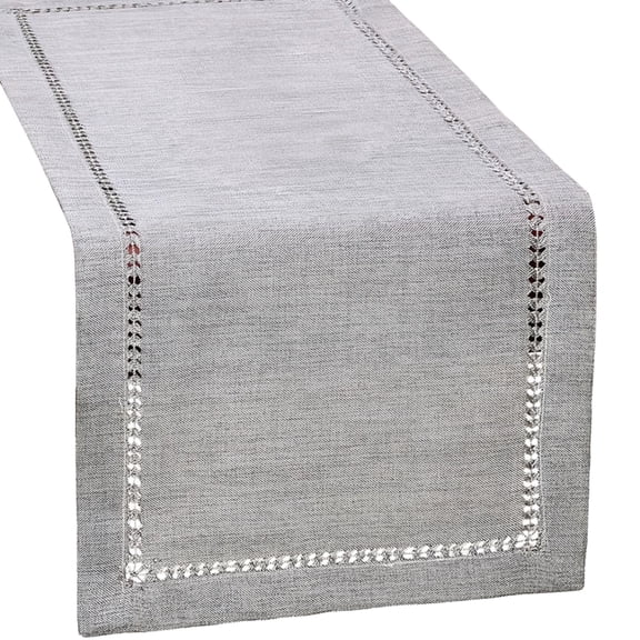 Rectangular Gray Table Runner with Square Embroidered Edges, Simple Modern Polyester, Ideal for Coffee Table and Dining Table, 12.6 x 72 in（32 x 183 cm）