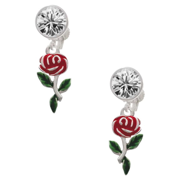Silvertone Red Rose Flower Clear Crystal Clip On Earrings
