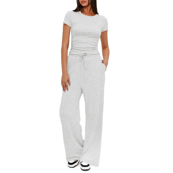 SUNBS 2 Piece Outfits Matching Summer Sweatsuit Lounge Set Womens Wide Leg Pants Side Ruching Crop Top