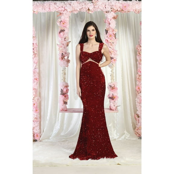 Royal Queen RQ8004 Juniors Womens Sequin Velvet Cut Out Sweep Train Evening Dress