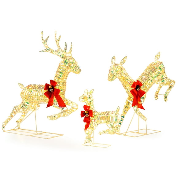 Gymax Christmas Lighted Reindeer w/ LED Lights & Red Bows Stakes