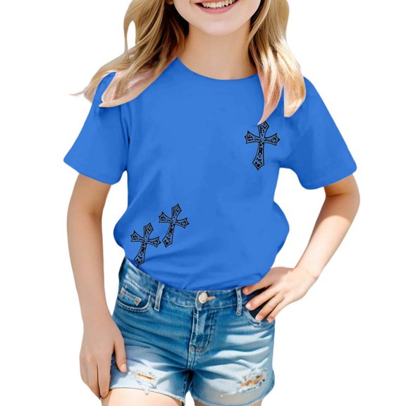 lnmuld Girls Graphic Short Sleeve Comfortable Casual Tee - Daily Wear Color:Blue,Size:4-5 Years