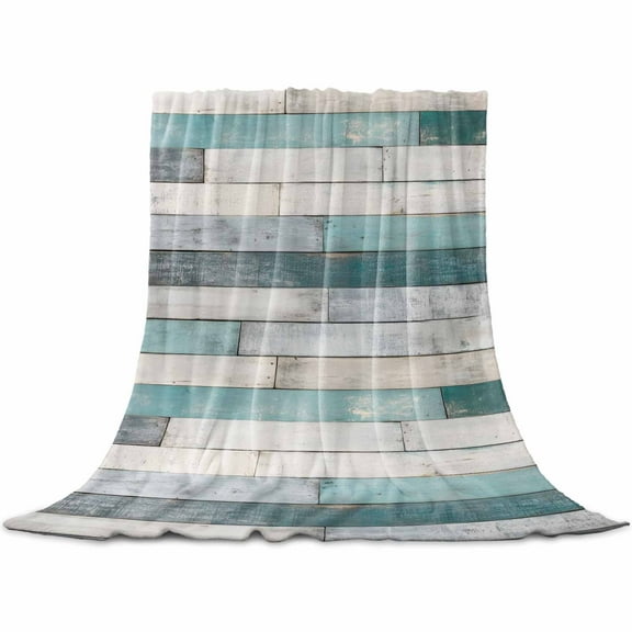 Turquoise Grey Wooden Flannel Blanket for Bed, Farmhouse Teal Wood Soft Cozy Warm Couch Throw Blanket, Lightweight Fluffy Plush Bedding Blankets for Sofa Decor All Season 60"x80"