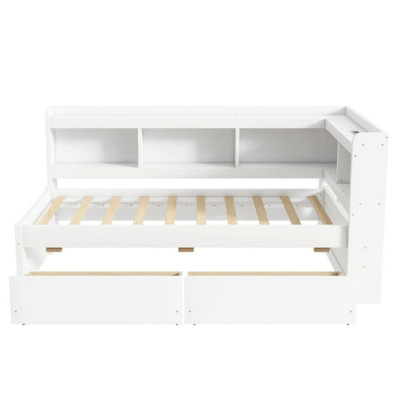 Twin Size L-Shaped Bookshelf Bed with Built-In Power Outlets & USB Charging Ports, Two Smooth-Glide Drawers, Space-Saving Design for Small Bedrooms, White