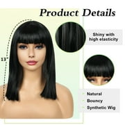 Creamily 12 Short Wig for Women Short Bob Wigs with Bangs Synthetic Glueless Straight Black Bob Wigs with Grey Highlight