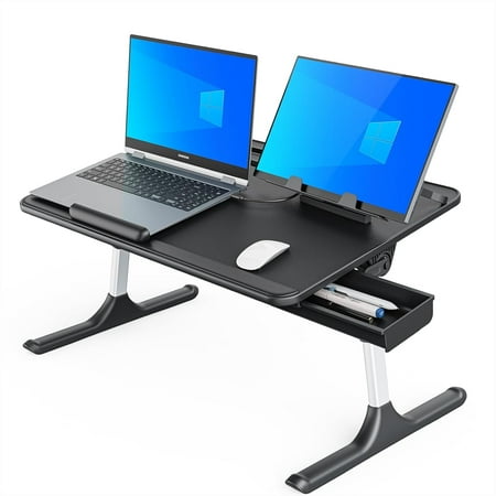 Lap Desk for Bed, X-Large Foldable Laptop Table with Book Stand, Wrist Rest, Extra Leg Room for Sofa Couch Floor (Black)