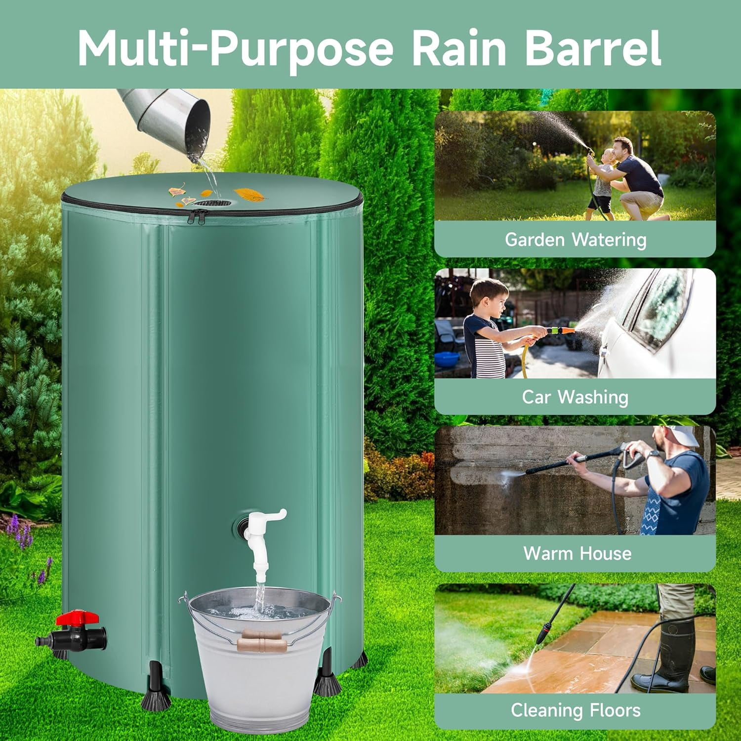 Collapsible Rain Barrel Water Storage Containers-53 Gallon Portable Rainwater Collect System Water Tank to Collect Rainwater from Gutter Downspout Water Catcher with Spigots,Filter＆Overflow Kits
