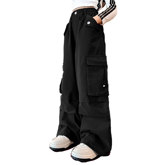 oqasdz Pants for Girls Cargo Trousers Elasticated Waist Cottonblend Baggy with Pockets for Kids Size 4 Y-5 Y