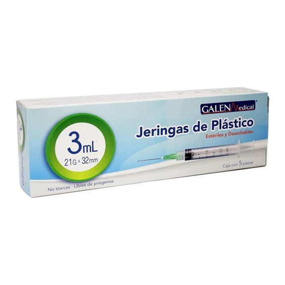 Jeringas Galen Medical estériles y desechables de plástico 3 ml 21 G X 32 mm caja con 5 pzas