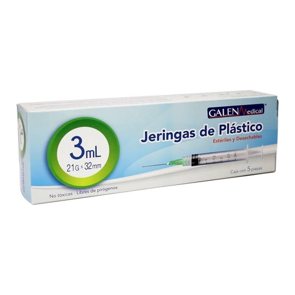 Jeringas Galen Medical estériles y desechables de plástico 3 ml 21 G X 32 mm caja con 5 pzas