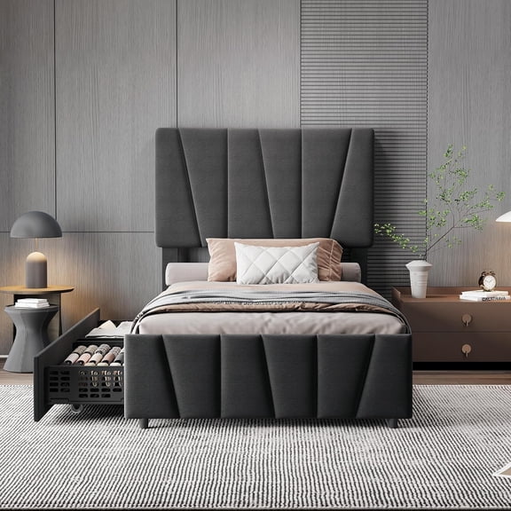 Twin Size Bed Frame with Adjustable Headboard and 2 Storage Drawers, Soft Upholstered Platform Bed Frames with Wooden Slats Support, No Box Spring Needed, Dark Grey