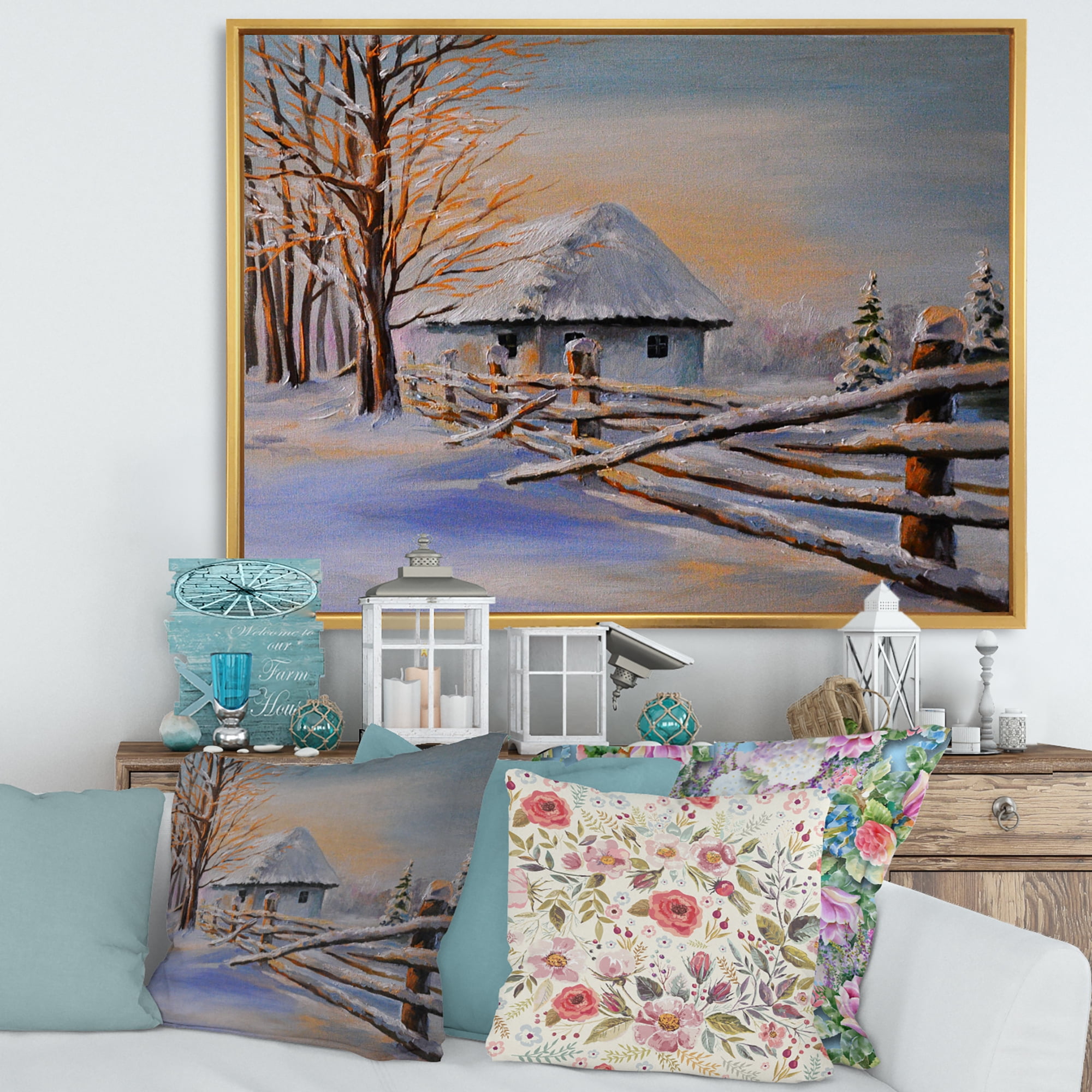 Designart 'Traditional Cottage Covered With Snow In Winter II' Traditional Framed Canvas Wall Art Print