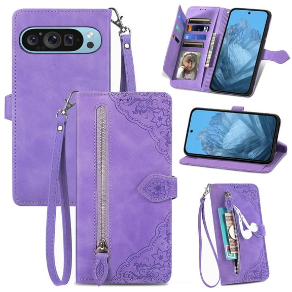 Dteck Zipper Wallet Case for Google Pixel 9 Pro / 9, Embossed Magnetic PU Leather Card Slots Pocket Wallet Case Shockproof Rubber Kickstand Full Body Protective Cover with Wrist Strap, Purple