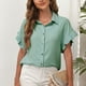thumbnail image 2 of Camisas con botones para mujer, camisa básica informal con cuello en V y mangas de encaje, camisa básica de poliéster de Color puro para ir de compras, 2 of 6