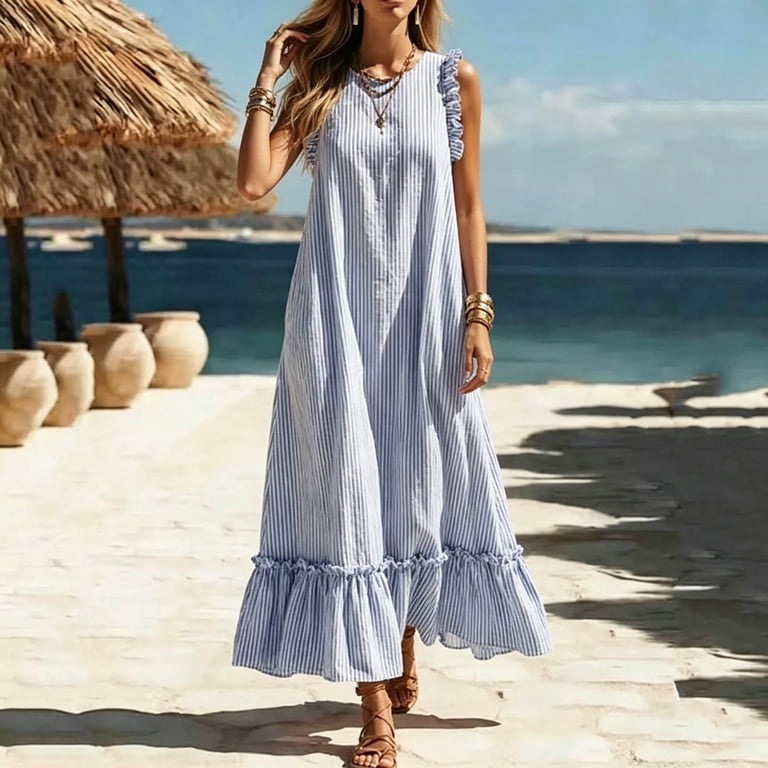 blue hawaiian dress women Blmnix Shift Woman Dress Beach Dress Hawaiian Dresses Under Dresses Pink  Maxi Crew Neck Sleeveless with Pockets Womens Summer Dress,XXXL