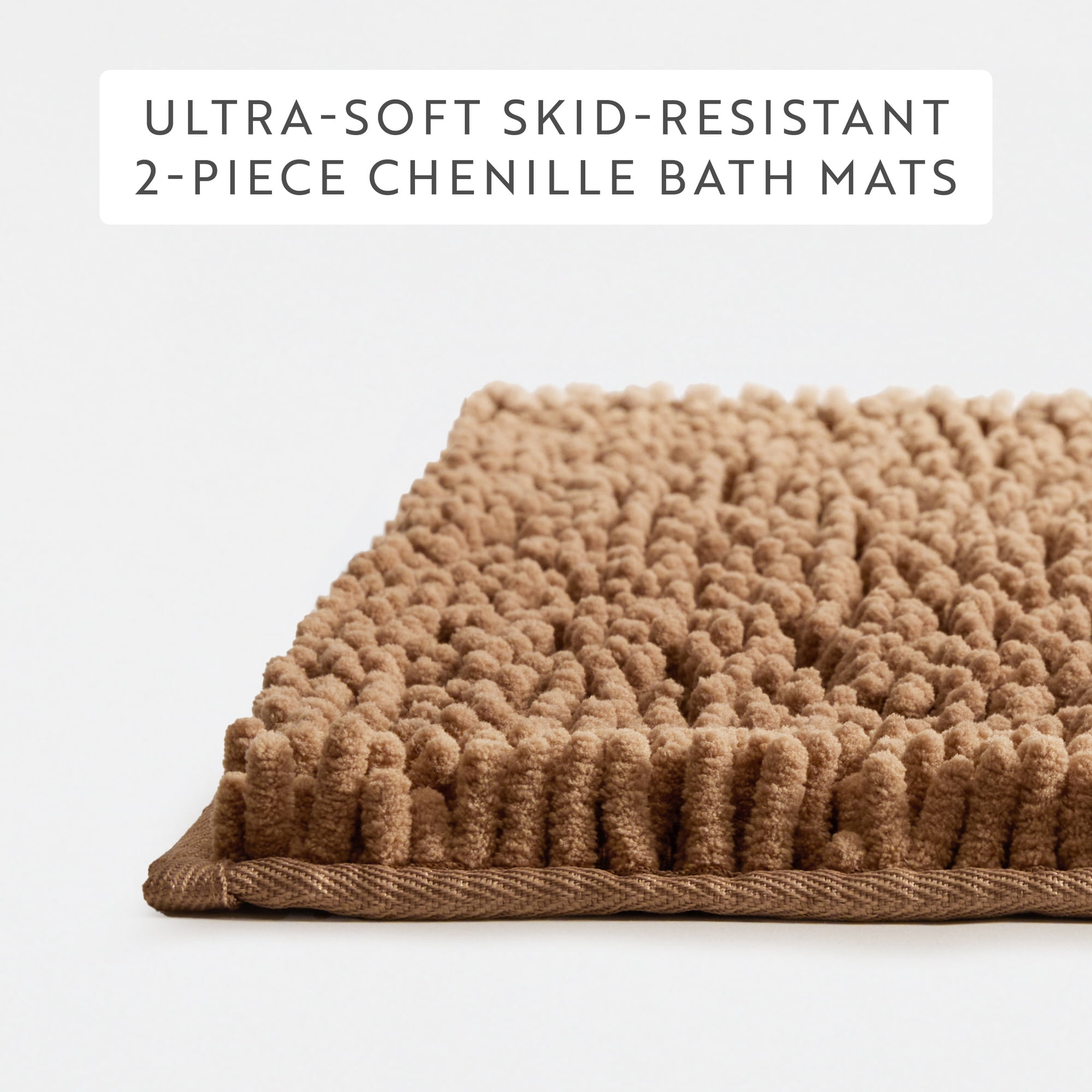 Soft Absorbent Chenille Bath Mat Rug with Anti-Skid Rubber Backing, 2 Pack, Mocha, by Noble Linens