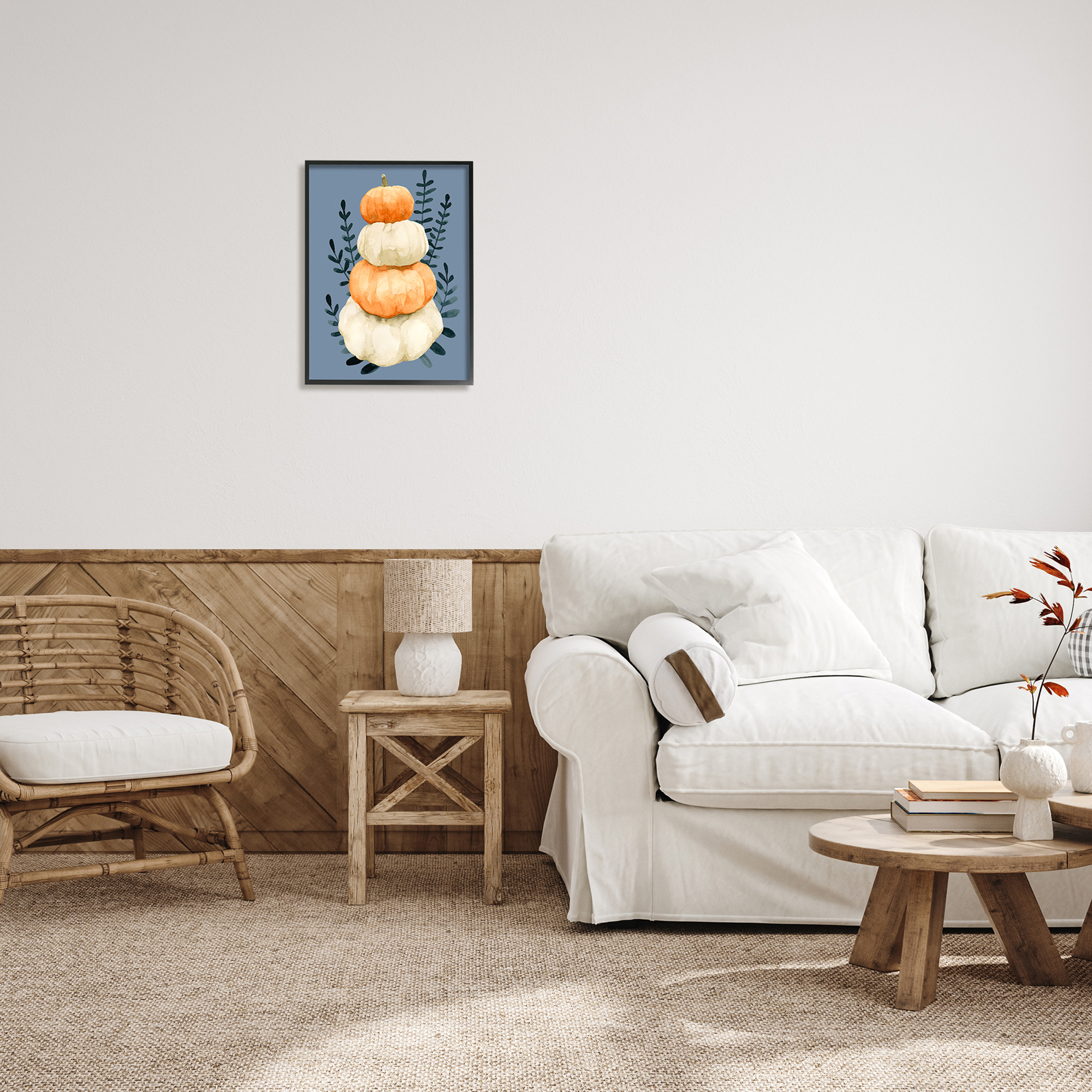 Stacked Fall Pumpkins Botanical Leaves Blue Background Botanical & Floral Painting Framed Art Print Wall Art