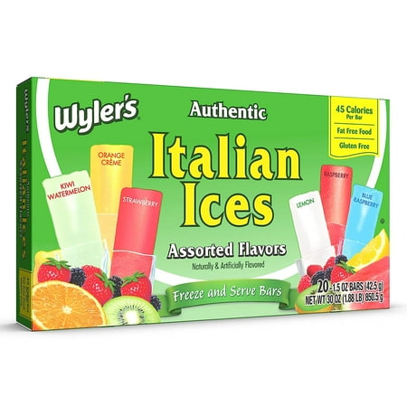 Wyler's Authentic Italian Ices Freeze and Serve Bars Variety Pack, Gluten-Free, 1.5 oz Bars, 20 Count