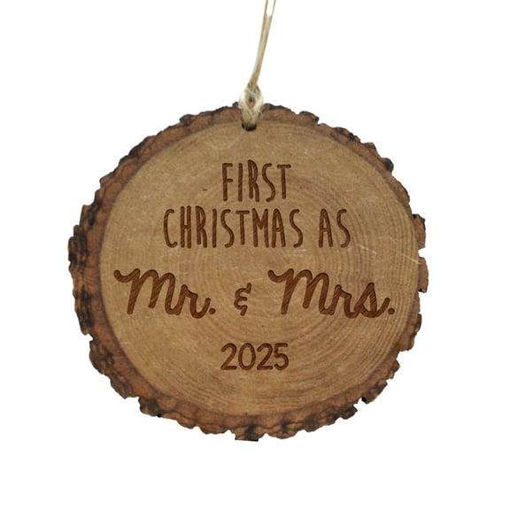 2025 First Christmas As Mr & Mrs Rustic Wood Round Disc Ornament