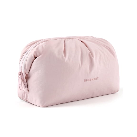 BAGSMART Makeup Bag Travel Makeup Bag, Cute Make Up Bag, Large Capacity Cosmetic Bags for Women, Wide-open Makeup Pouch Travel Essentials Toiletries Accessories Brushes, Pink