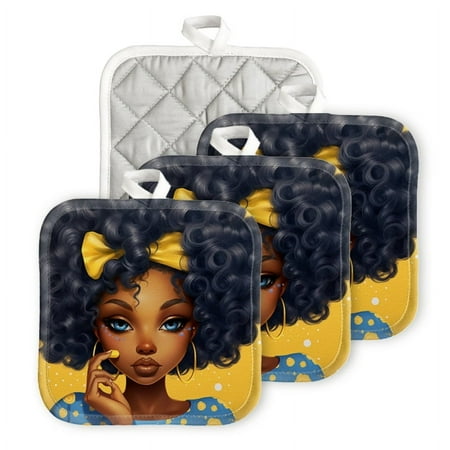 

Bahomeck Pot Holder 4Pcs Cartoon Portrait Of Beautiful Black Woman With Big Curly Hair Square Heat Resistant Hot Pads For Kitchen Cooking Oven With Hanging Loop Potholder Easy To Store