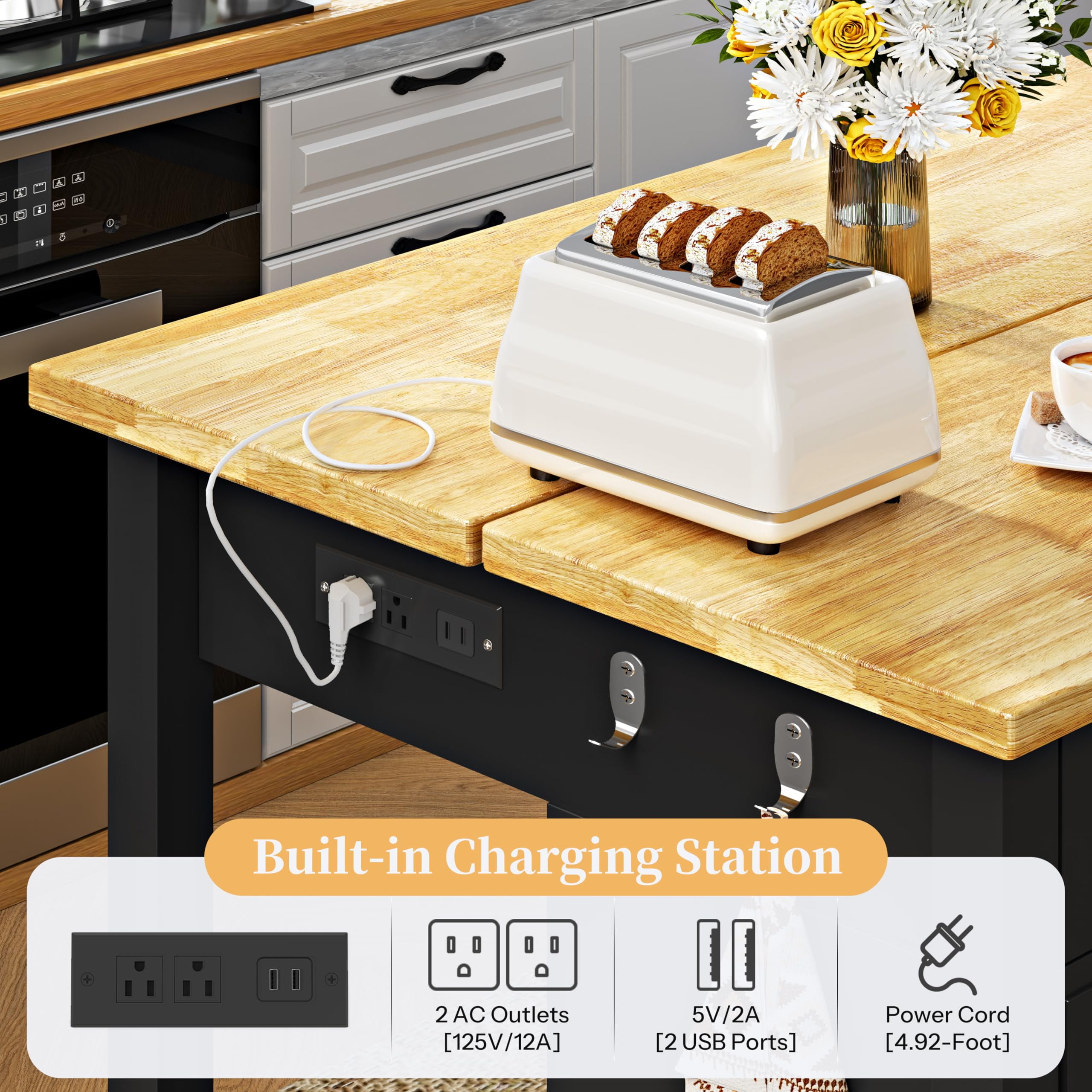 ChicZhiNest Kitchen Island with Seating Include 2 Stools, 47" Solid Rubberwood Dining Table with Power Outlet, 6 Hooks, Kitchen Bar Table Set with 2 Drawers & Open Shelves Storage Cabinet, Black
