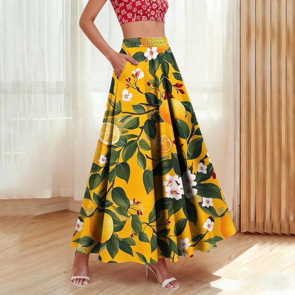 Women's Floral Print Pencil Skirt Elastic High Waist Vacation Bodycon Maxi Skirts Yellow B XXL