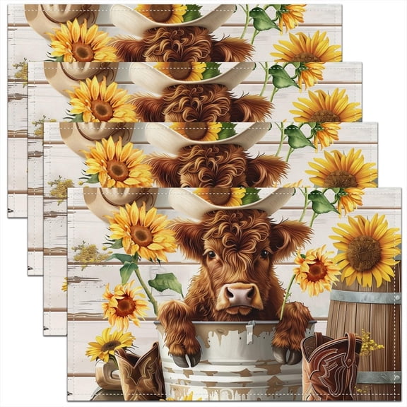 Funny Highland Cow Placemats Set of 4 18"x12" Highland Cattle Sunflower Table Place Mats Boys Girls Farmhouse Rustic Placemat for Kitchen Dining Table Party Decor Indoor Outdoor Western