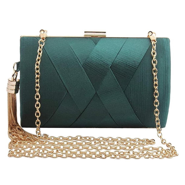 Sonducket Bolso de embrague de fiesta de noche de seda con colgante de borla elegante para mujer Bolsas de mensajero y de hombro Verde oscuro