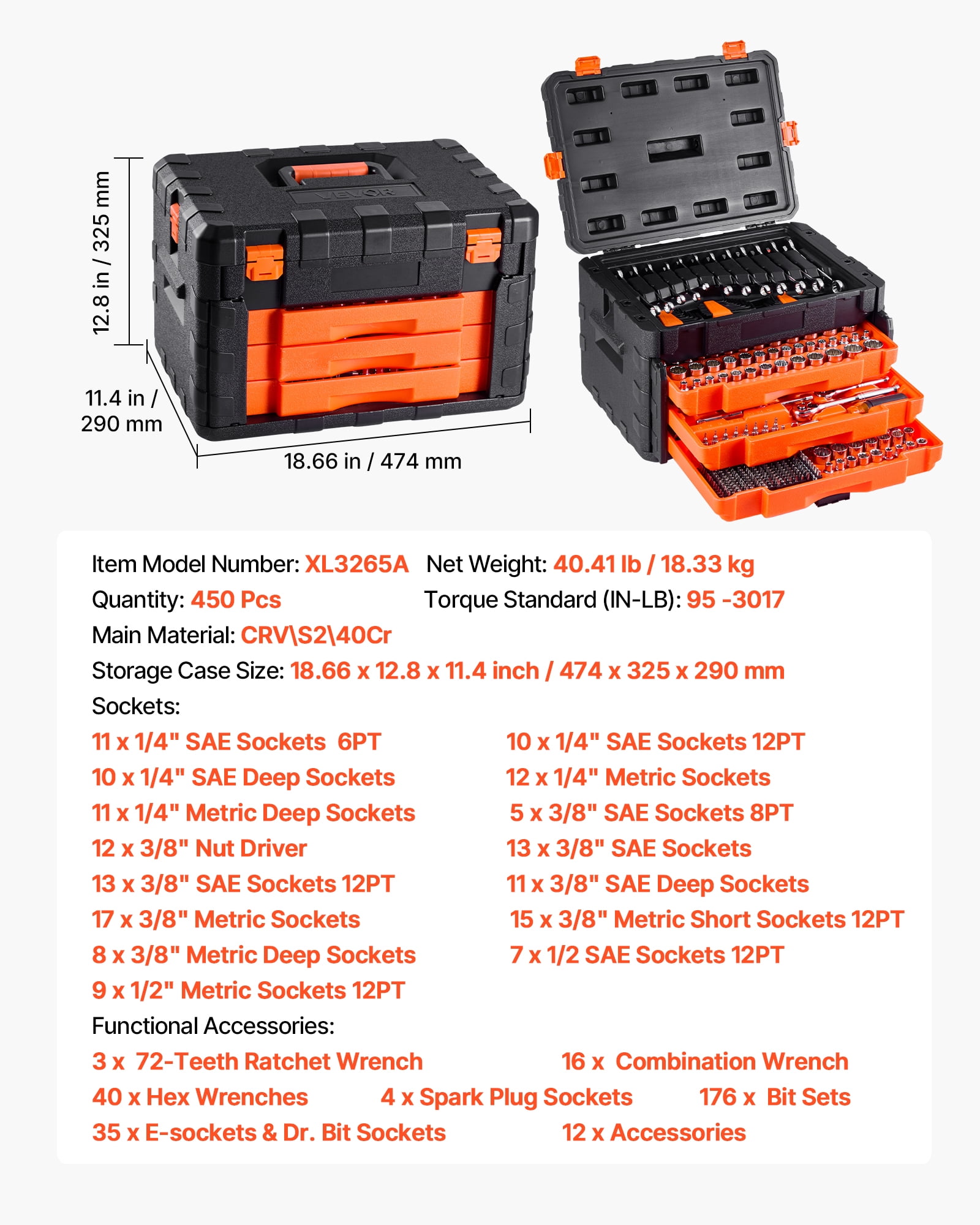 VEVOR Mechanics Tool Set and Socket Set,450 Pcs, 1/4, 3/8 and 1/2 inch Drive Deep and Standard Sockets, SAE Metric Mechanic Tool Kit with Bits, Wrenches, Accessories, Storage Case with Orange Drawer