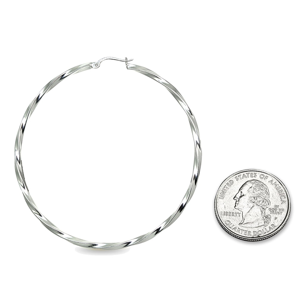Sterling Silver 2x60mm Twist Round Hoop Earrings