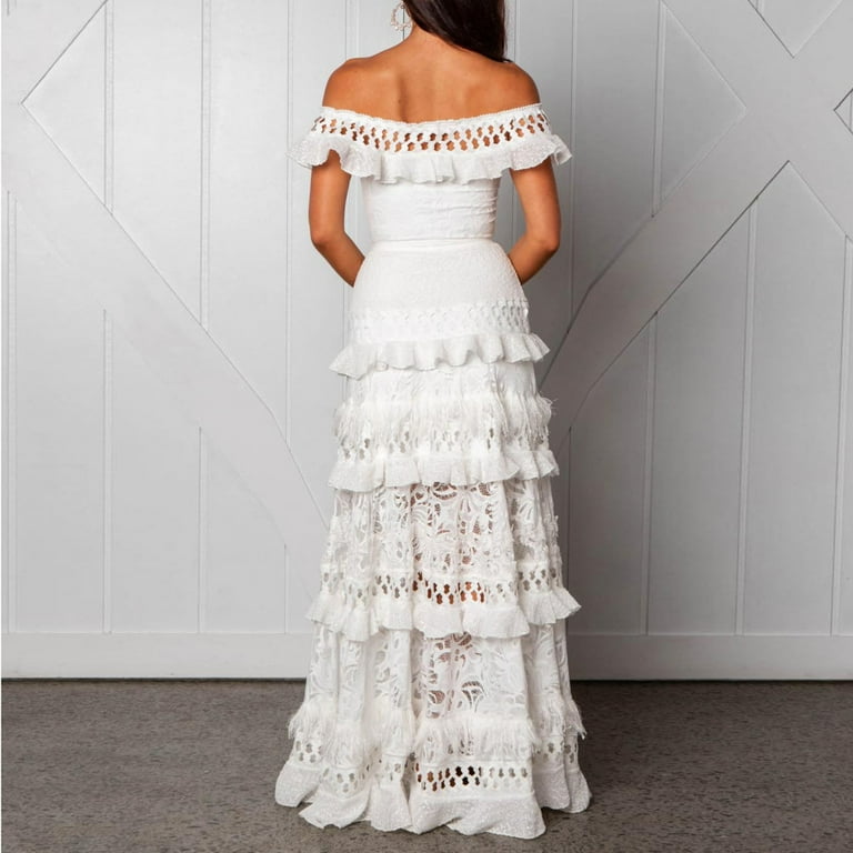 Spring Dresses Club Women Lace Summer Maxi Dress Strapless Cascading Ruffle  Dress Hollow Out Female Party Dresses Night Club Party Lace Pattern Cutout  Long Prom Dress - Walmart.com