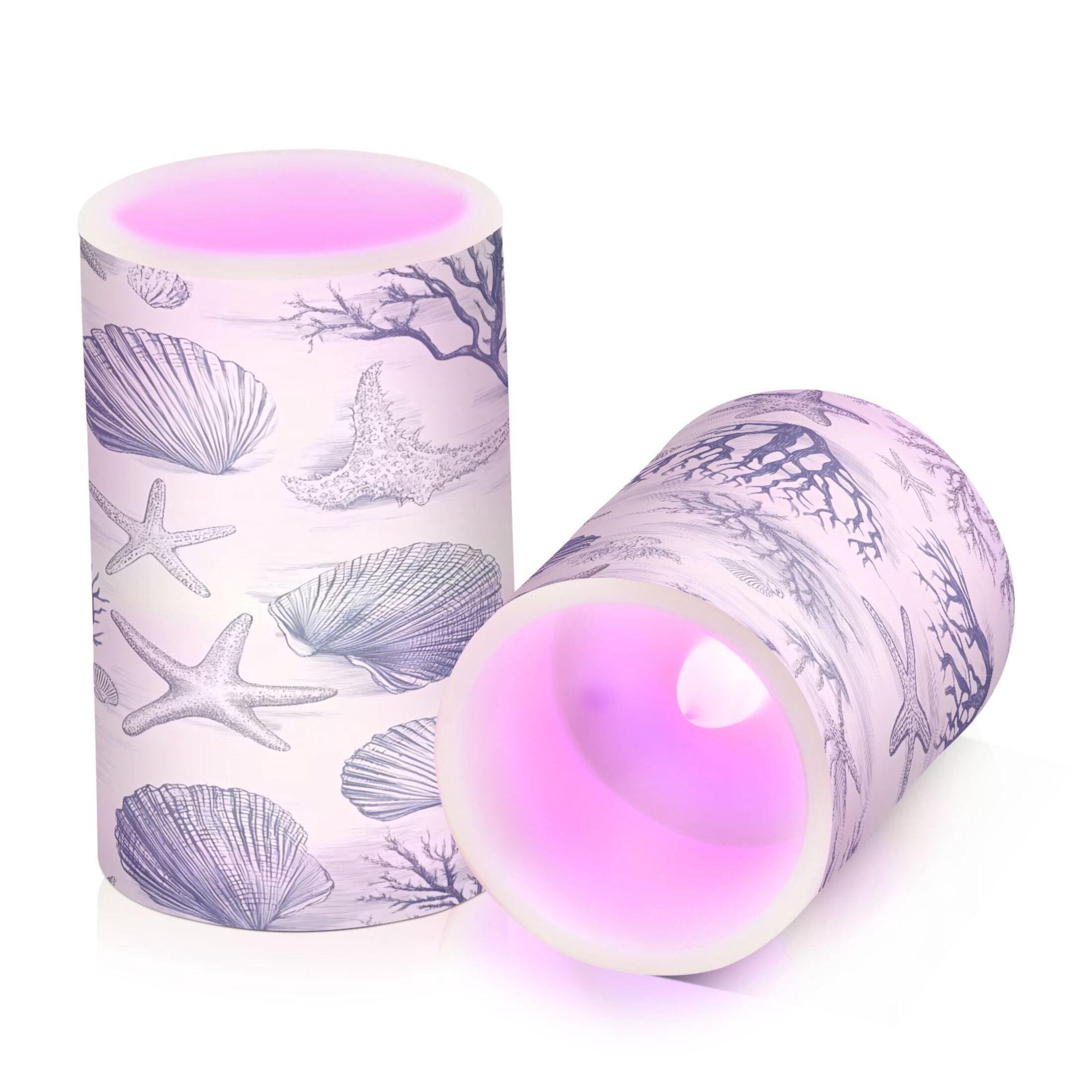 Flickering Flameless LED Candles set of 2 Battery Operated 18-Key Remotes Timer Halloween Fall Decor Seashells Starfish Seaweed D3''xH4''5''