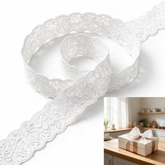 HAMANNI Stretchy White Lace Ribbon 2.36" x 14.7 ft, Floral Elastic Trim for Sewing Crafts, Bridal Wedding Decor.