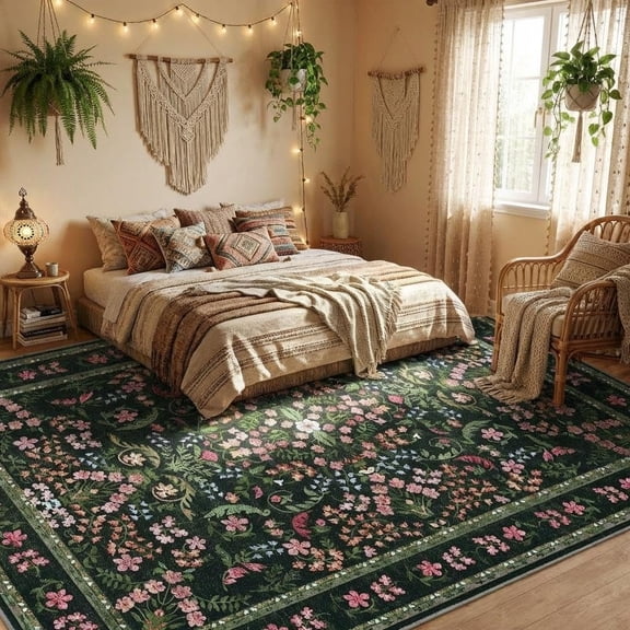 10x13 Washable Area Rug for Living Rooms, Boho Floral Soft Rugs for Living Room, Non Slip Low Pile Carpet for Bedroom, Dining Room, Nursery, Hallway, Green