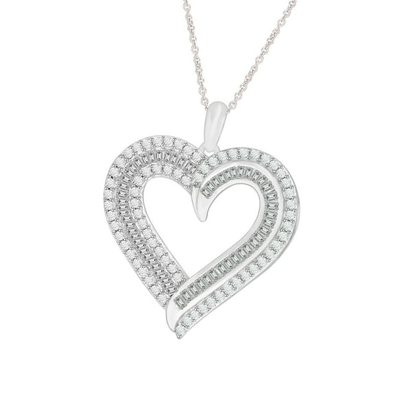 1 cttw Baguette and Round Moissanite Double Row Heart Pendant Necklace for Women Lab Created Diamond D Color VVS1 18k White Gold Plated Sterling Silver