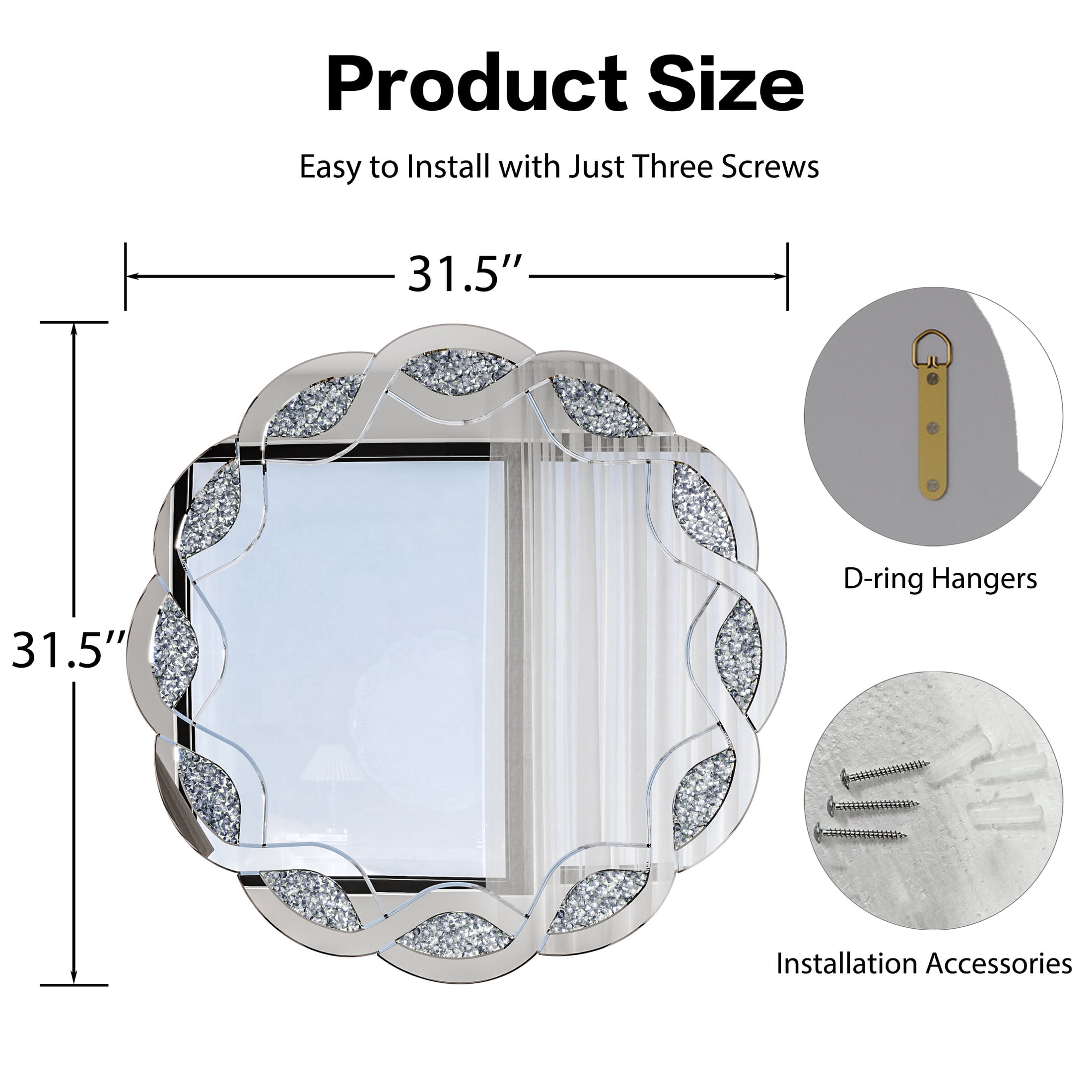 Noble House Crush Diamond Round Wall Mirror, Wave Frame Decorative Mirror Heavy Duty Frame with 2 Hangers, Silver