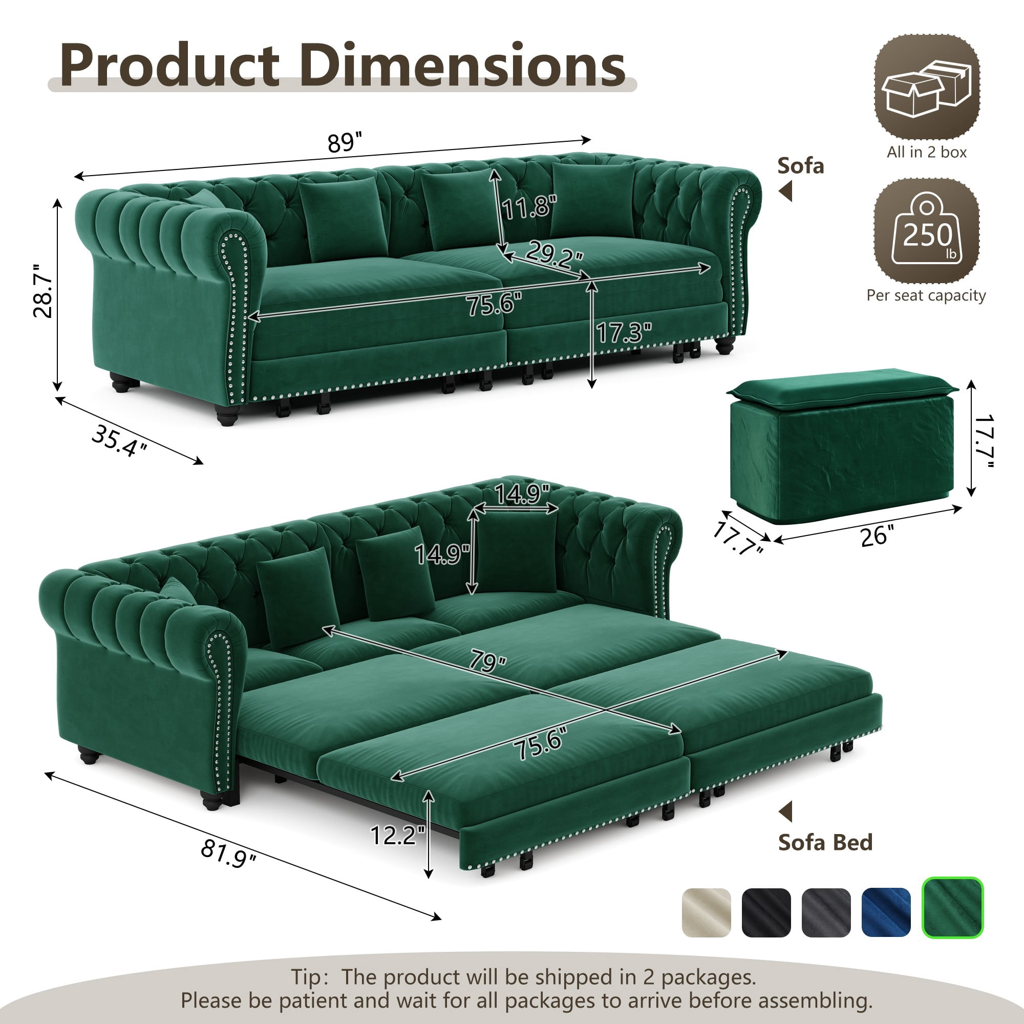 DEALTOPS 89" Velvet King Size Pull-Out Sofa Bed, 3-in-1 Convertible Sleeper Sofa with Ottoman & 4 Pillows, Green