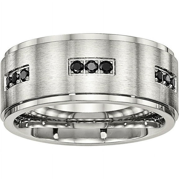 Primal Steel Stainless Steel Brushed Center Black Cubic Zirconia 9mm Ridged Edge Band