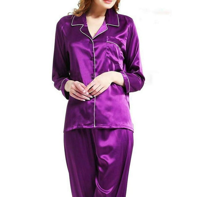 Ensemble de Pyjama Long 2 Pcs pour Femmes, Haut à Col Boutonné Ample avec Bande Élastique à la Taille