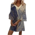 thumbnail image 2 of Puntoco Vestido De Manga Corta Con Cuello En V, Vestido De Manga 3/4 Con Cuello En V Y Empalme De Encaje Estampado Informal De Verano Para Mujer Falda Corta Azul Xxxl, 2 of 6