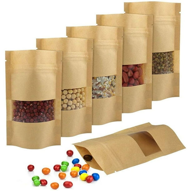 Bolsas de papel kraft resellables con ventana transparente mate, bolsas de almacenamiento de alimentos con cierre hermético versátiles para productos secos, regalos de boda y cápsulas de café,