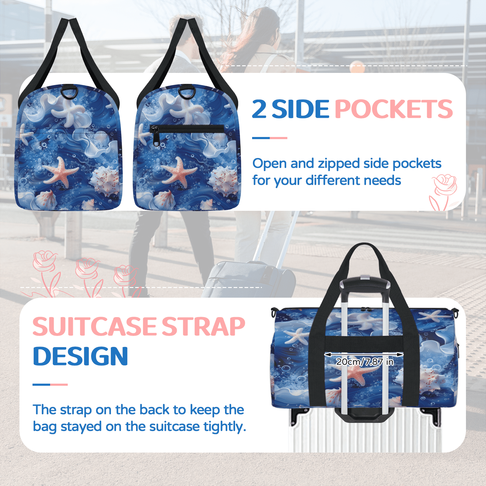 Herdesigns Beach Coastal Nautical Gym Bag for Women, Duffle Bag for Travel Sport, Shell Lightweight Waterproof Carry on Weekender Dance Yoga Workout Bags