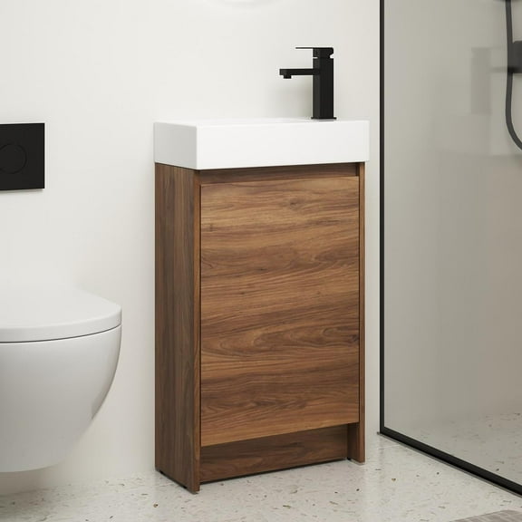 Tcbosik 18" Small Bathroom Vanity with Sink Combo, Freestanding Vanity, Modern Bathroom Sink Cabinet with Single Door & Invisible Handle Set for Small Space, Brown Ebony