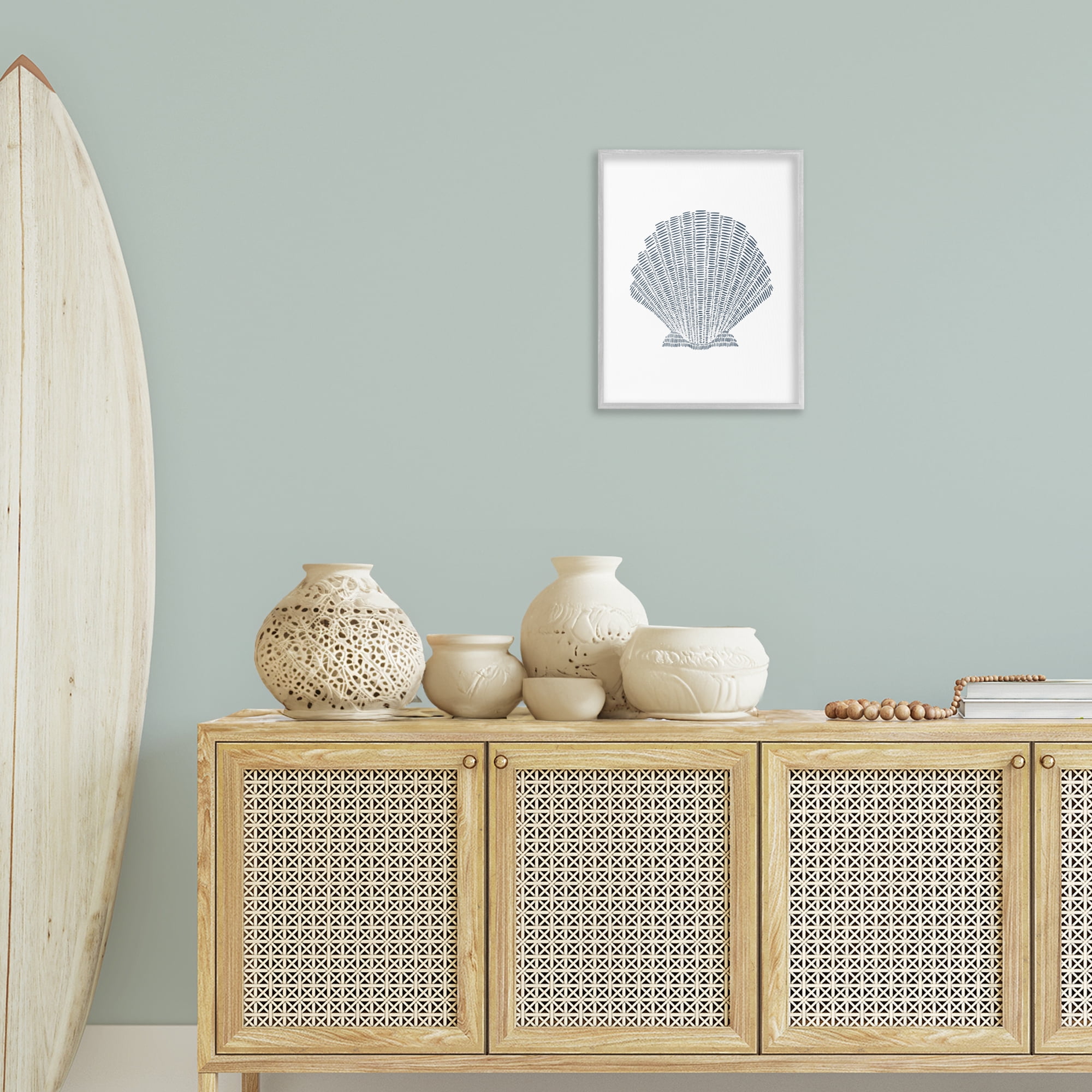Stupell Industries Minimal Sea Shell Coastal Painting Gray Framed Art Print Wall Art, 16 x 20