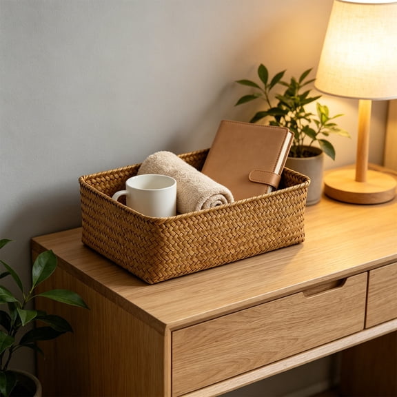 Woven Storage Basket Desktop Organizer, Handwoven Wicker Bin for Office Desk Clutter, Small Natural Tidy Tray for Shelf Nightstand Countertop