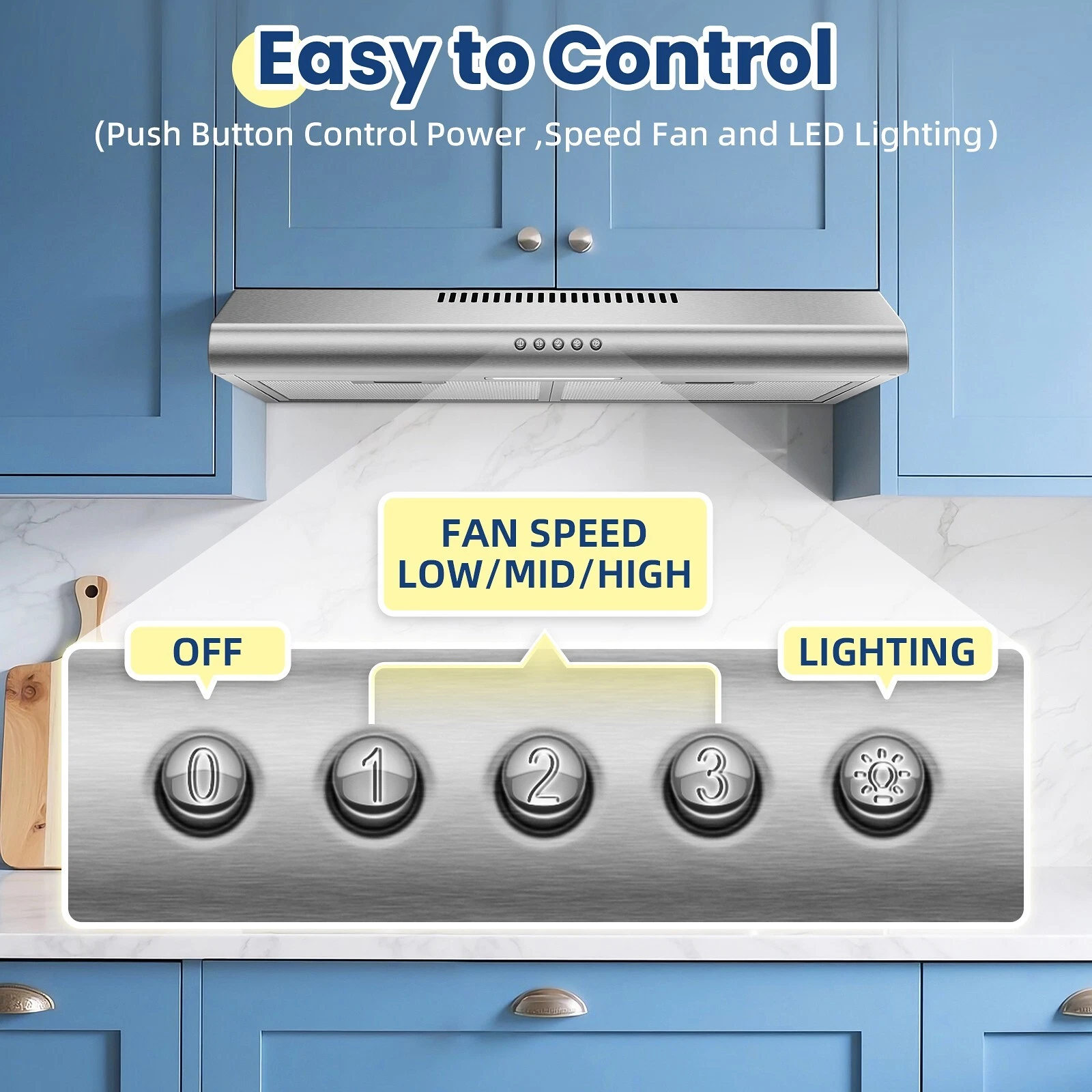 24 inch Under Cabinet Range Hood Stainless Steel 280 CFM Kitchen Top Vent Cooking Hood Fan w/ LED light Carbon Filter