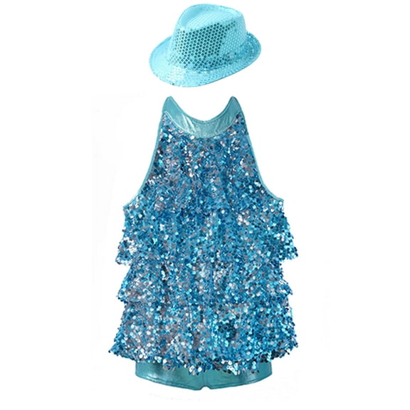 YIZYIF Kids Girls Metallic Latin Jazz Dance Costume Halter Tiered Sequins Ballet Modern Dance Leotard with Hat A Sky Blue 8