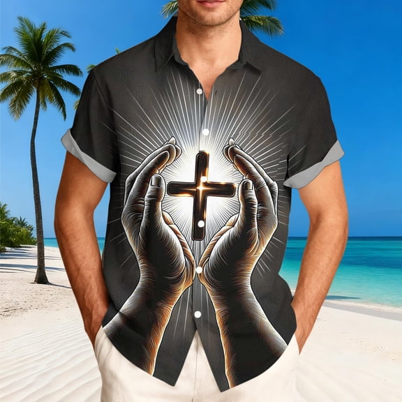 Yaoyar Mens Hawaiian Christian Shirts Cross Jesus Lapel Button Down Short Sleeve Beach Shirt Summer Tops Vacation Casual Fashion